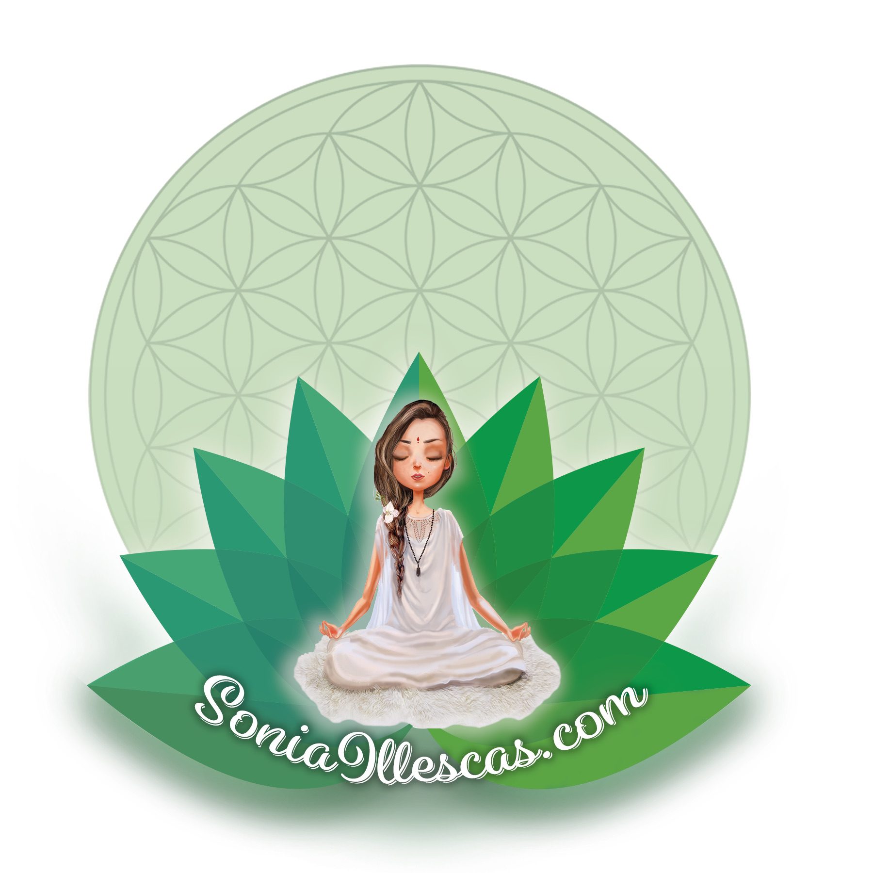 A woman sitting in the lotus position on top of a green leaf.