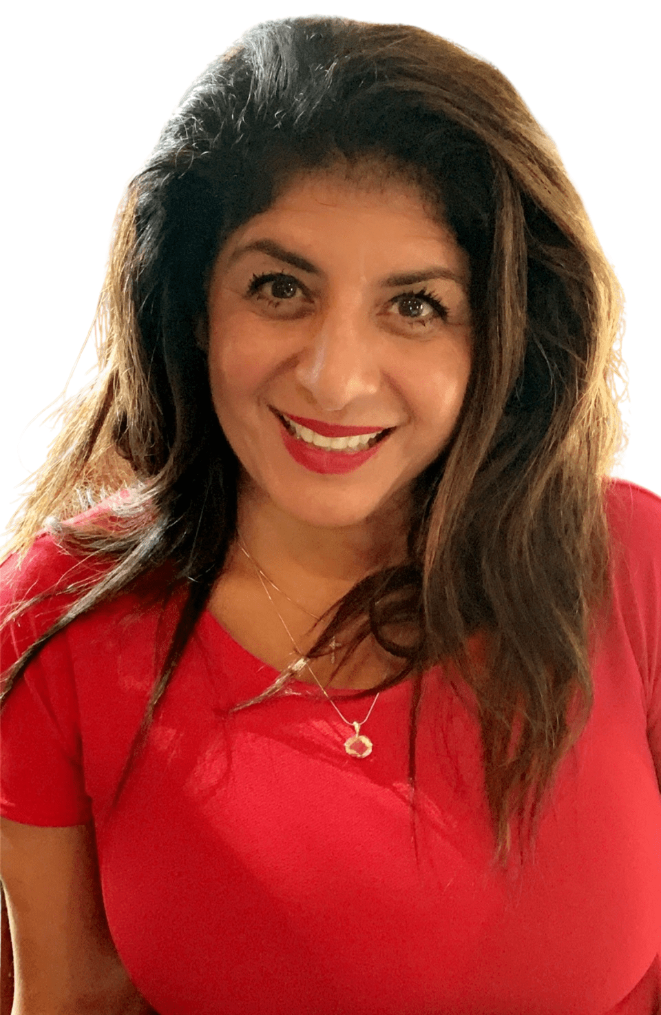 A woman in red shirt smiling for the camera.