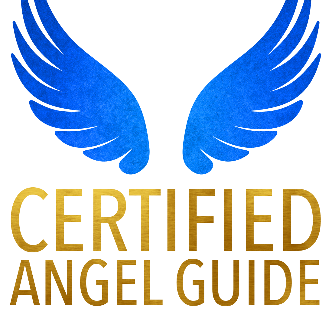 A certified angel guide logo with blue wings.