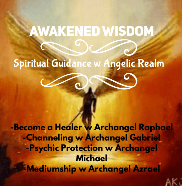 A picture of an angel with the words " awakened wisdom spiritual guidance w angelic realm ".